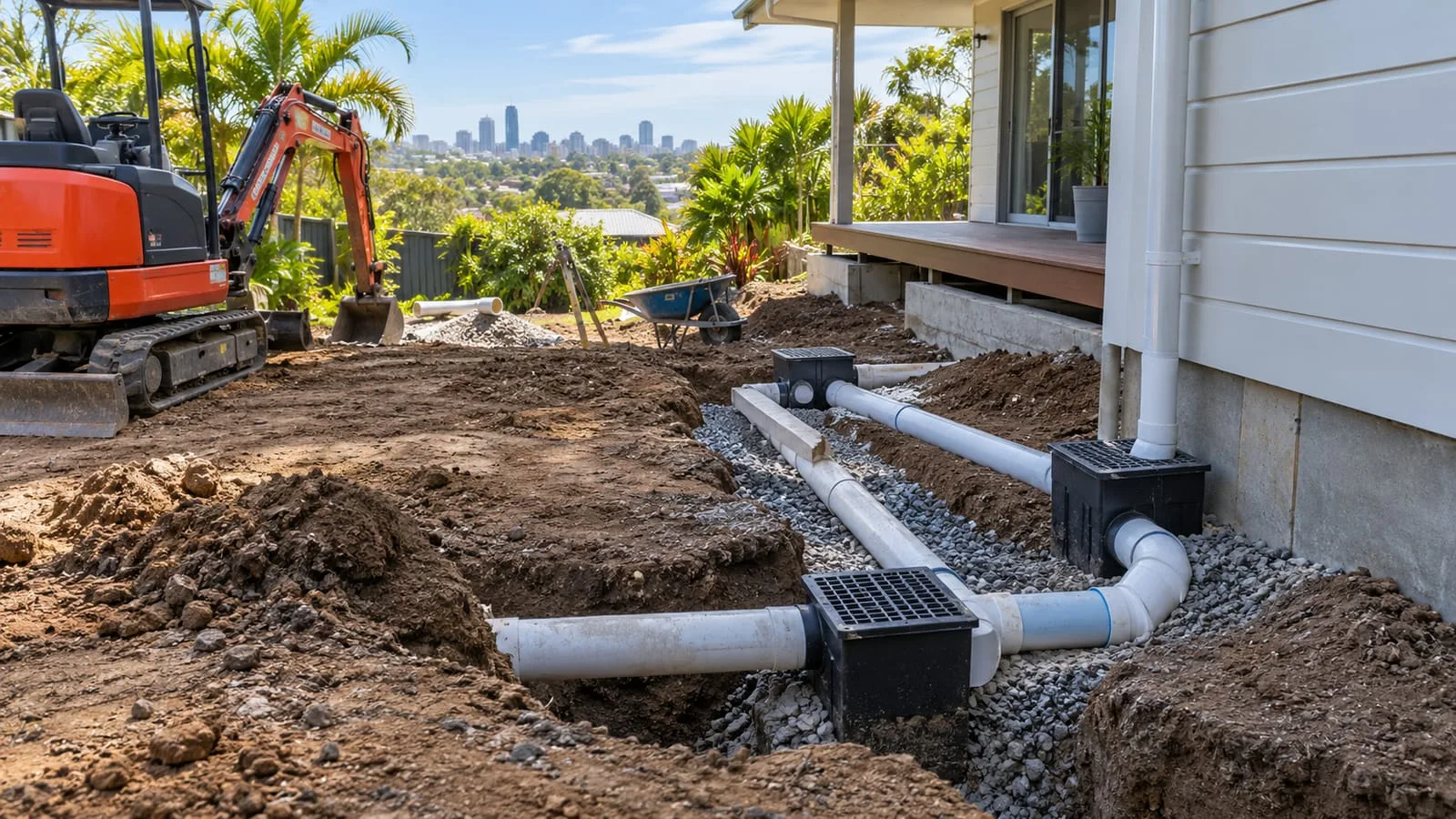 AI-generated illustration: new-build drainage installation before future paving and landscaping