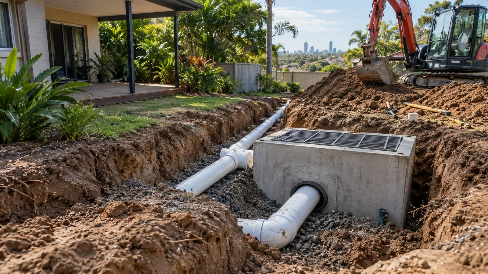 AI-generated illustration: stormwater pipe and collection pit before final landscape levels are finished