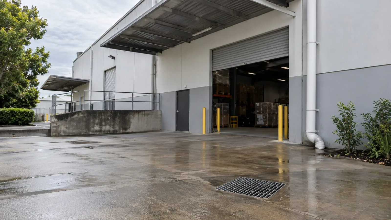 AI-generated illustration: commercial loading entrance with downpipe and forecourt drainage