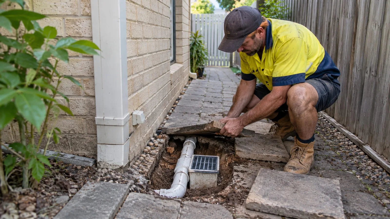 AI-generated illustration: lifted paving exposing a drain connection in narrow side access