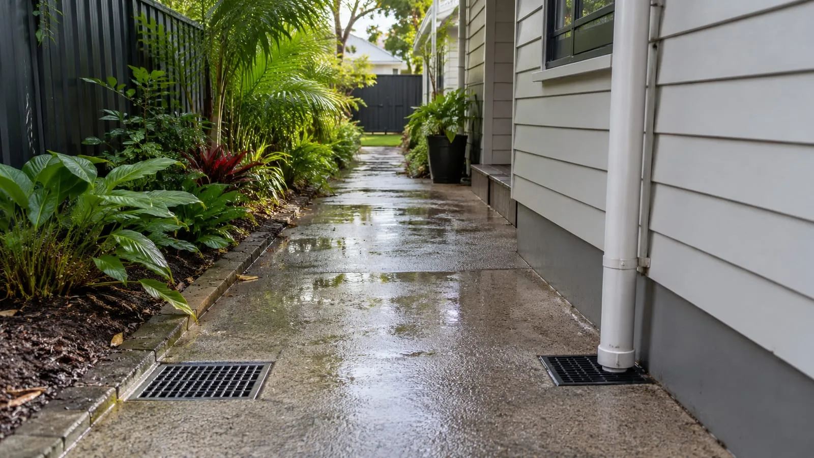 AI-generated illustration: compact courtyard passage with wet paving and drainage collection points