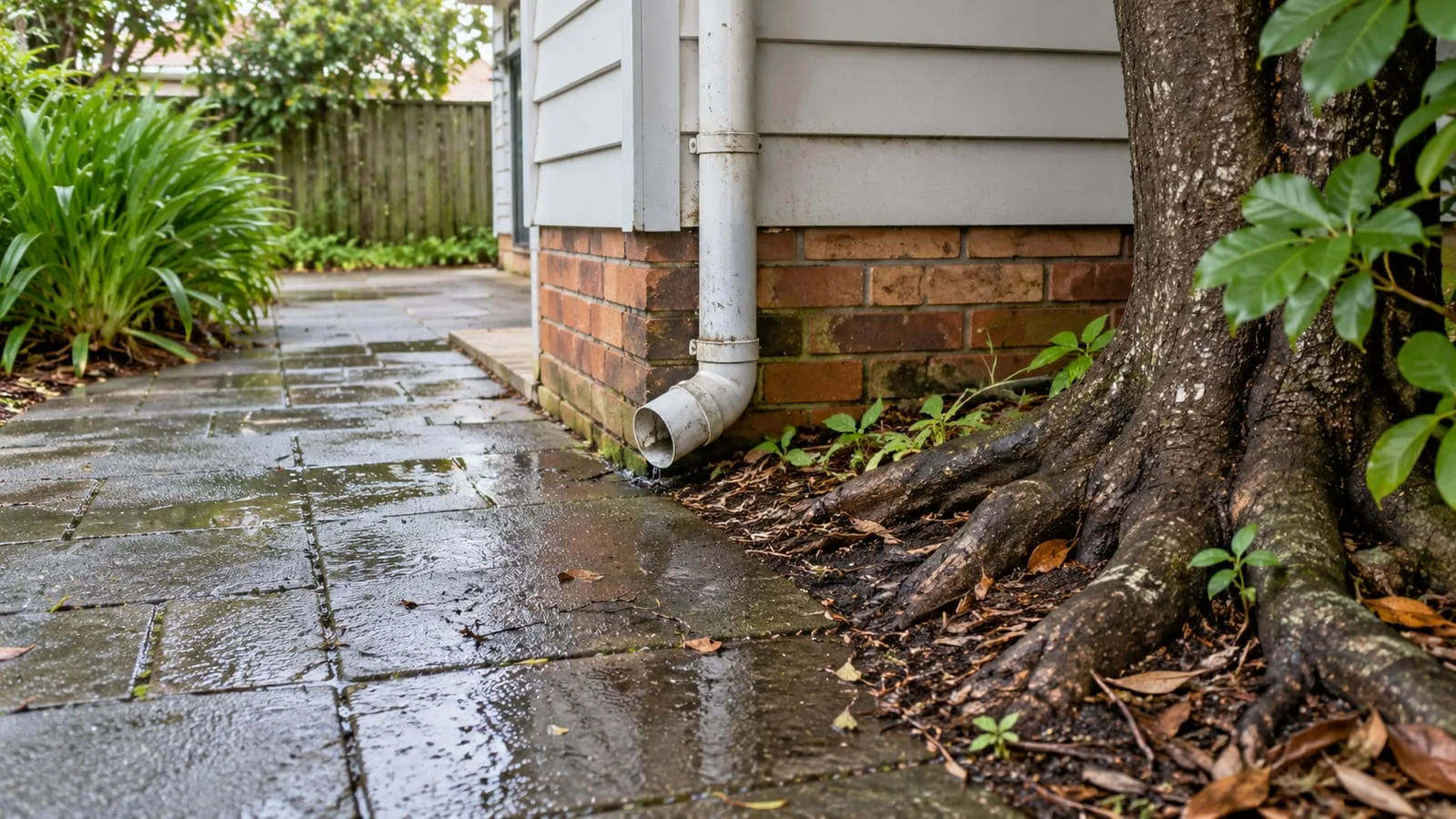 AI-generated illustration: older downpipe connection beside tree roots and wet courtyard paving