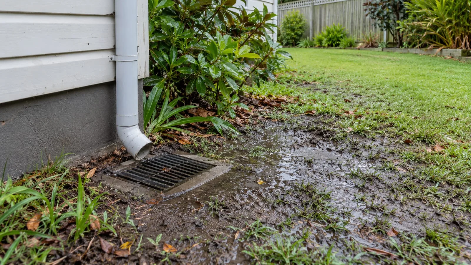 AI-generated illustration: existing drainage lid, downpipe and wet garden ground