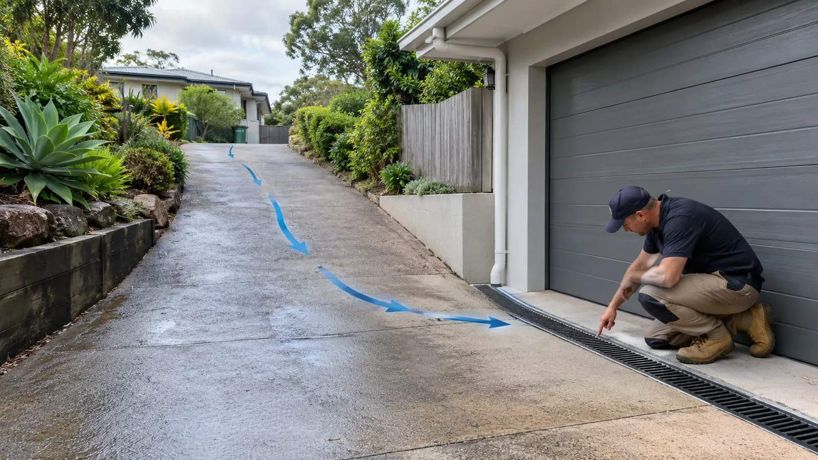 AI-generated illustration: uphill driveway runoff route and a channel drain near a garage