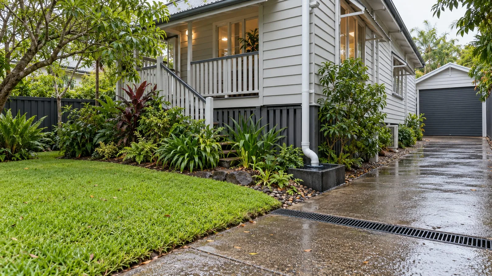 AI-generated illustration: an ordinary Brisbane weatherboard home with a downpipe connected to a practical stormwater collection pit and discreet driveway channel drain after light rain