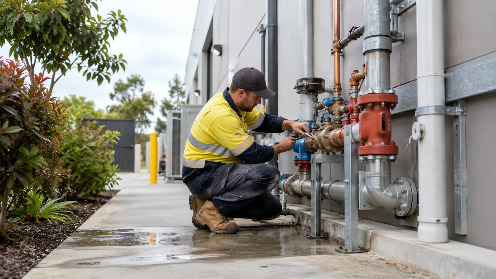 AI-generated illustration: Commercial Plumbing: pipework beside modern Brisbane commercial building