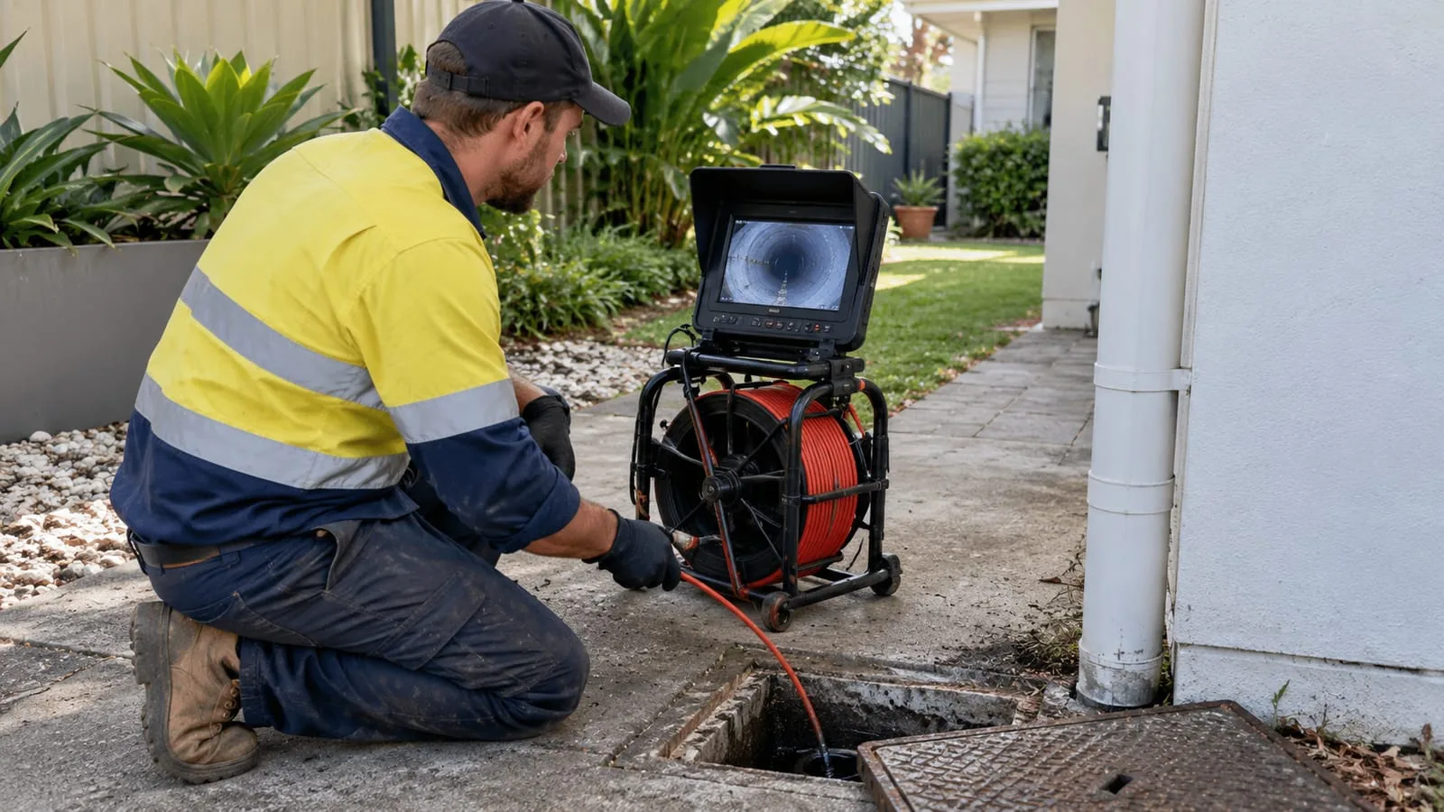 AI-generated illustration: CCTV Drain Inspections: drain camera reel and monitor by inspection opening