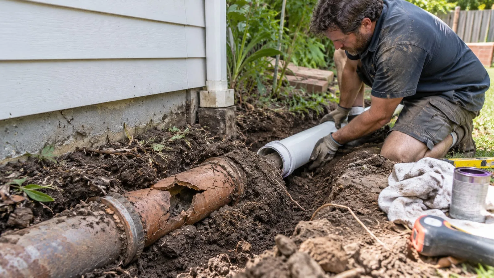 AI-generated illustration: Drain Repairs: exposed cracked drainage pipe beside replacement section