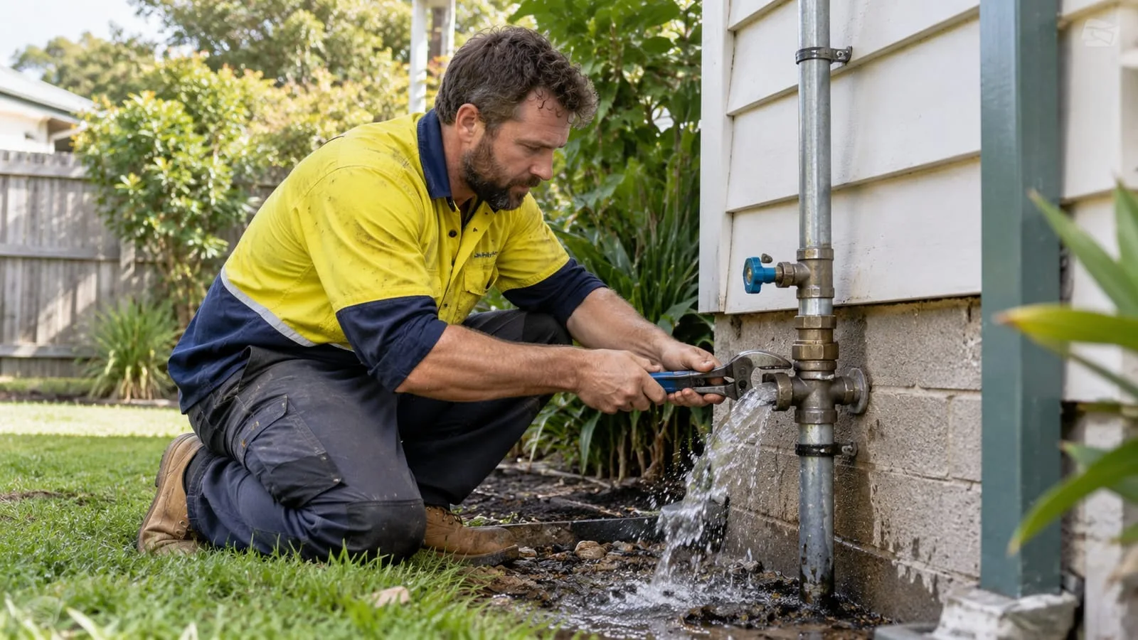 AI-generated illustration: Emergency Plumbing: technician attending exterior leaking supply pipe in daylight