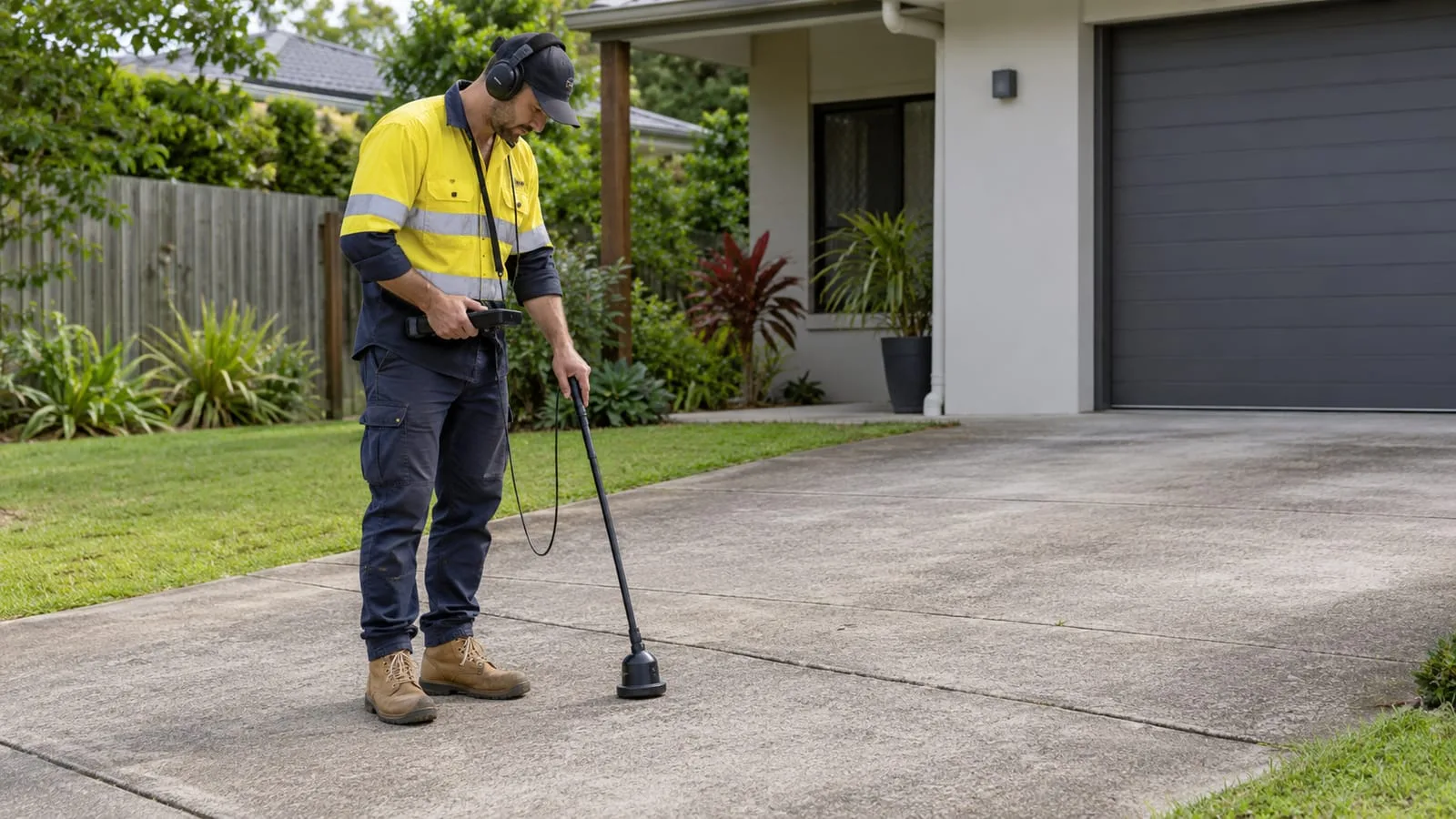 AI-generated illustration: Leak Detection: technician using acoustic detector on driveway