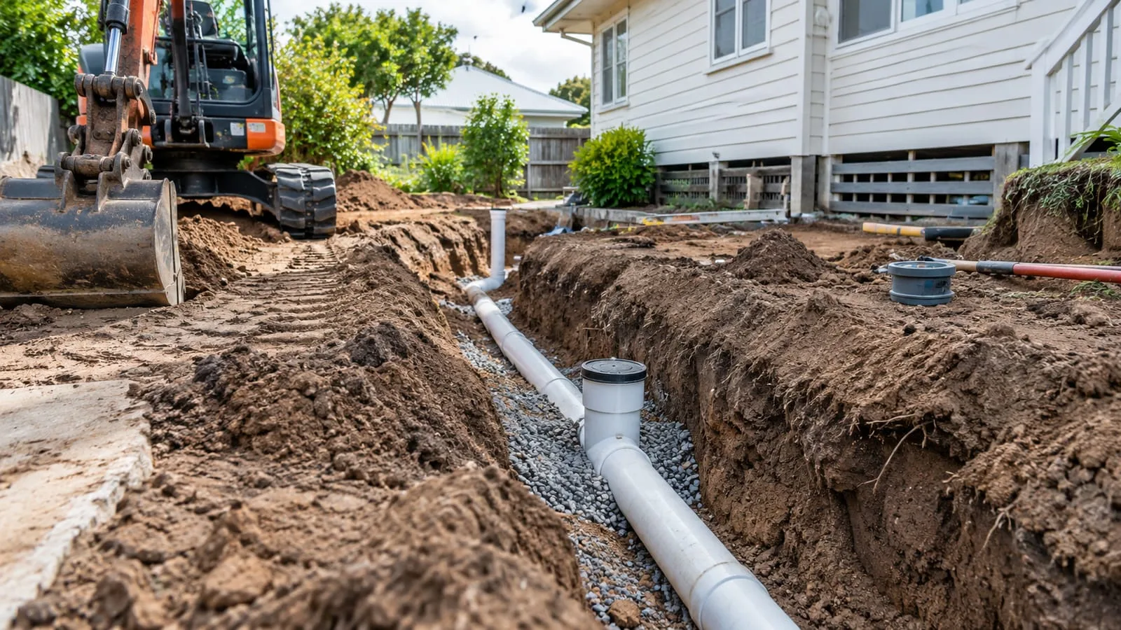 AI-generated illustration: open excavation and working area around new underground drainage