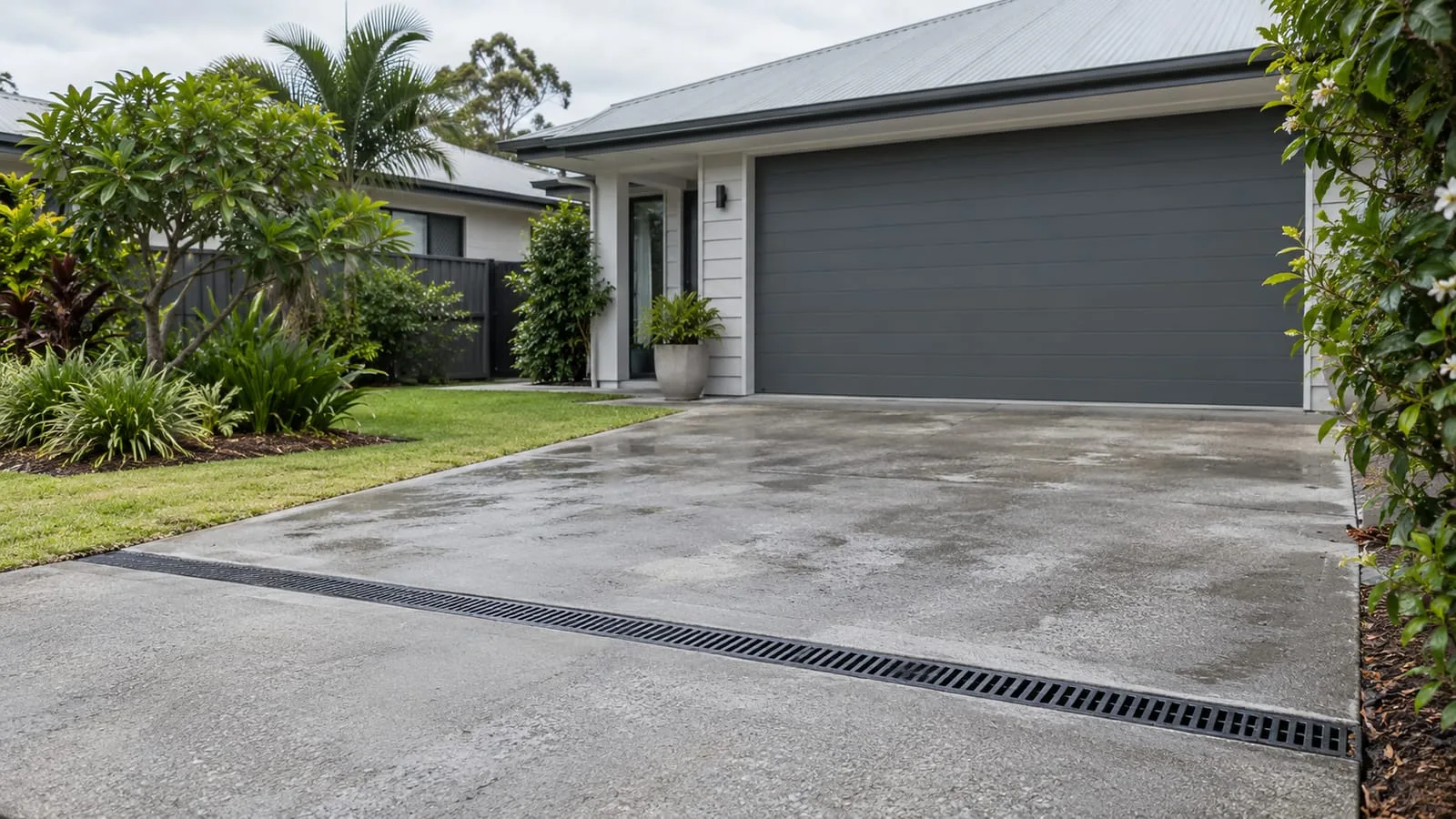 AI-generated illustration: Woolloongabba contemporary suburban home driveway with integrated channel drain