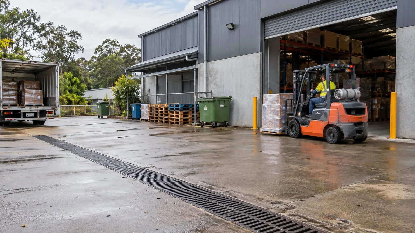 AI-generated illustration: Acacia Ridge commercial premises with practical loading-area stormwater drain