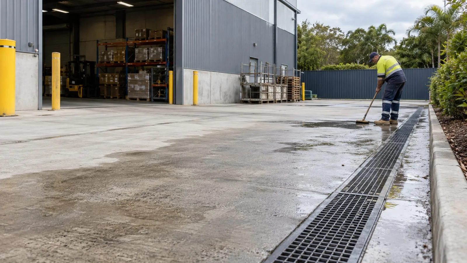 AI-generated illustration: industrial forecourt paving and surface-water collection channel