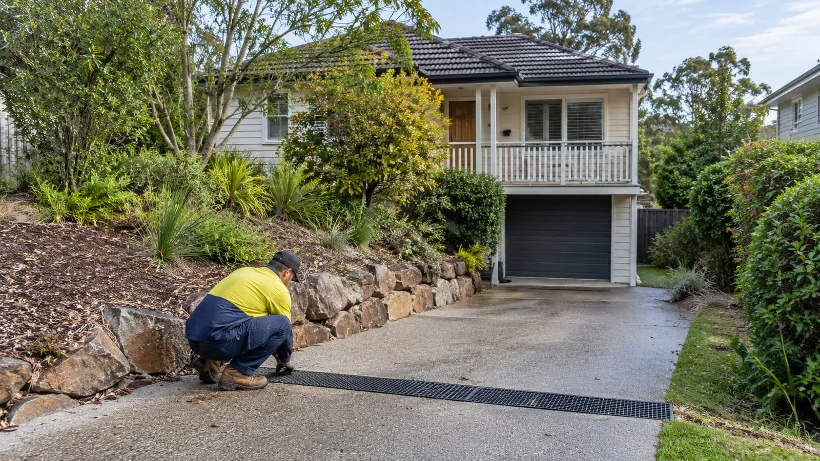 AI-generated illustration: Mount Gravatt suburban home with native planting and driveway drainage