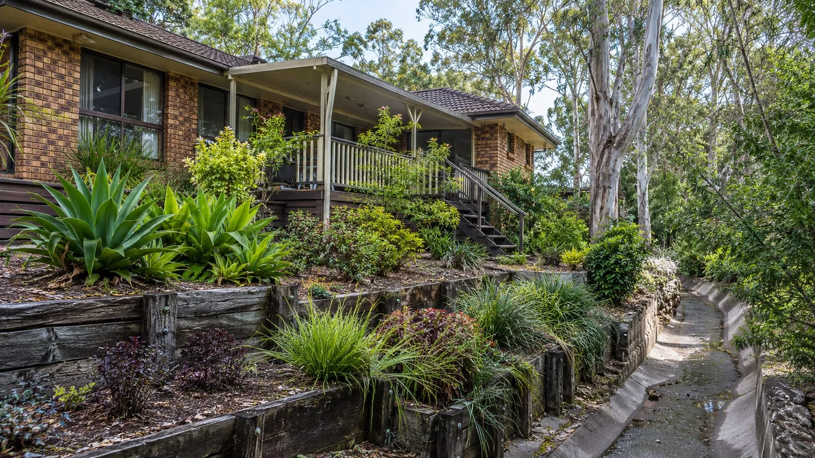 AI-generated illustration: Chapel Hill leafy hillside brick home, terraced garden, gum trees and a surface drainage channel