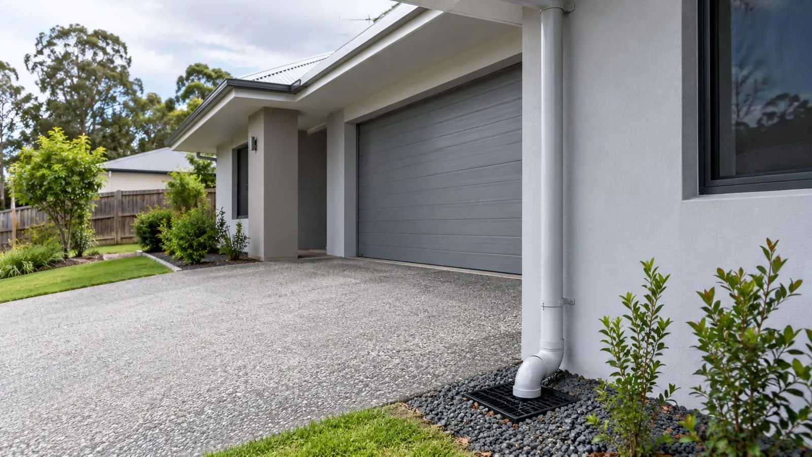 AI-generated illustration: Moggill suburban new-build home with a clean driveway and downpipe drainage connection