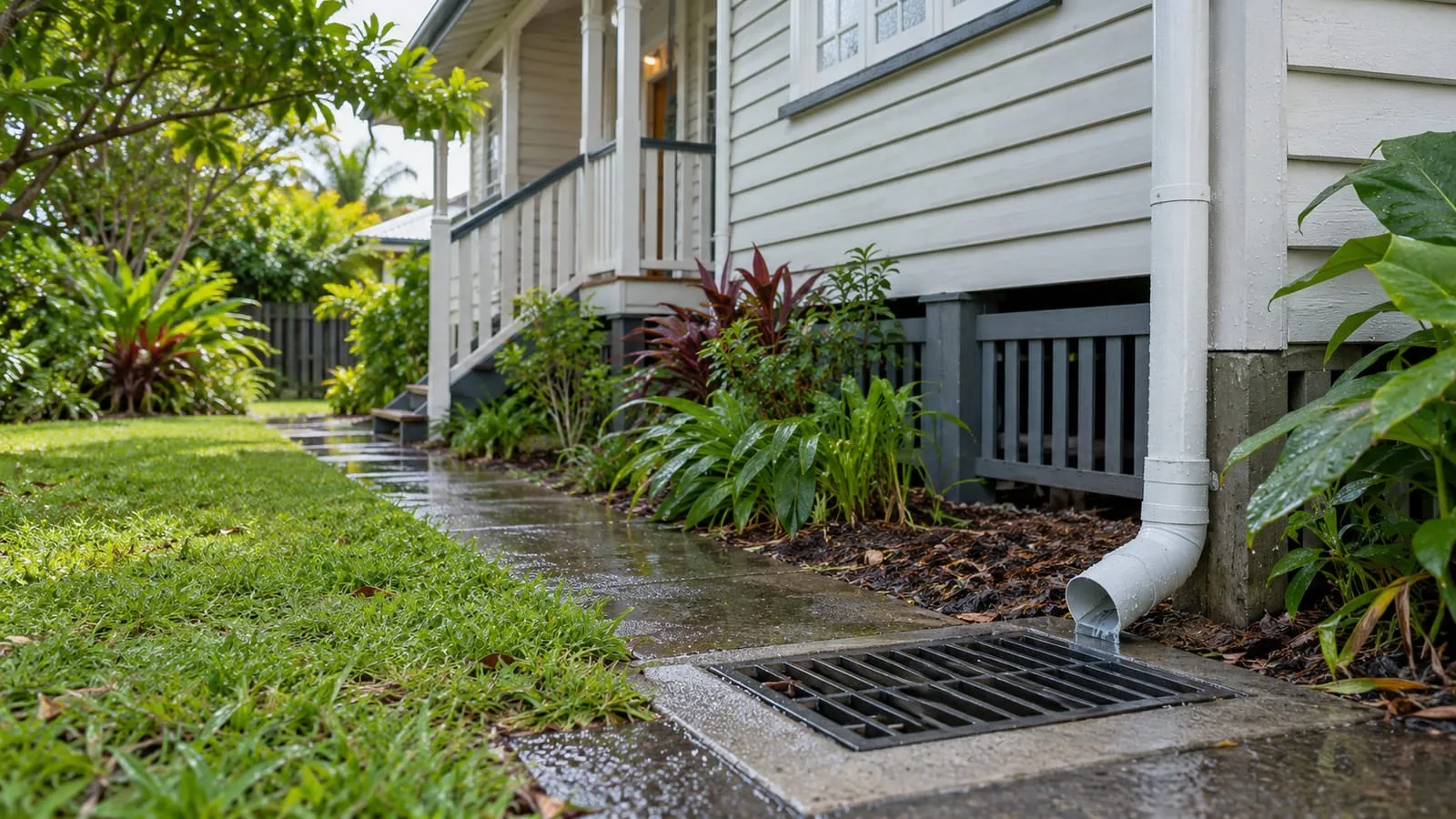 AI-generated illustration: Ordinary Brisbane raised weatherboard house with a downpipe connected to a grated stormwater inlet, lush garden after rain