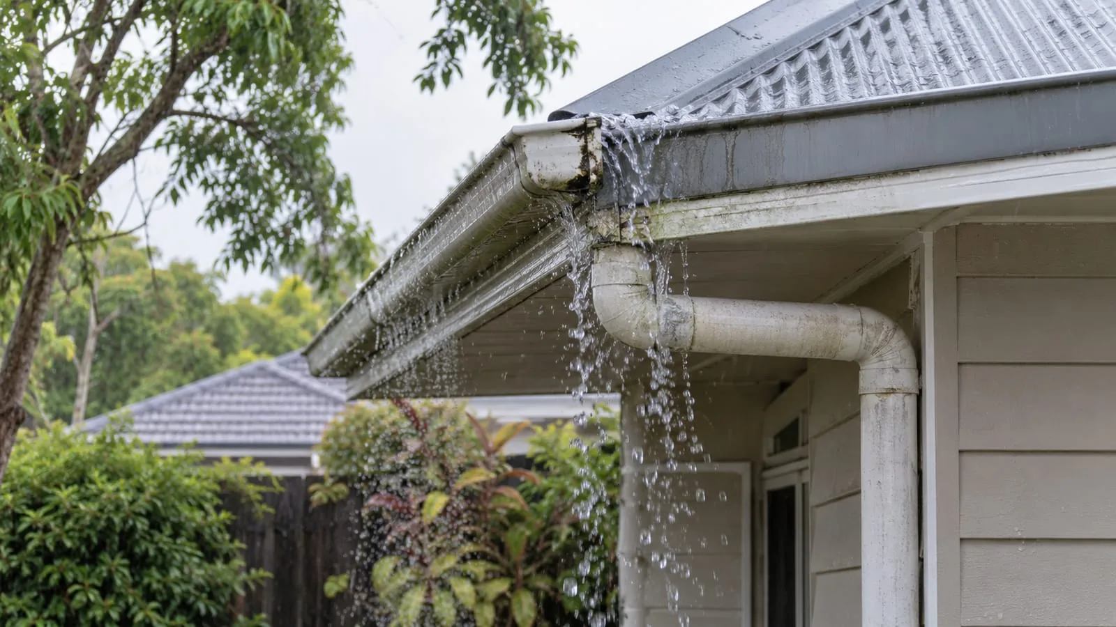 AI-generated illustration: overflow at a gutter and downpipe connection after rain