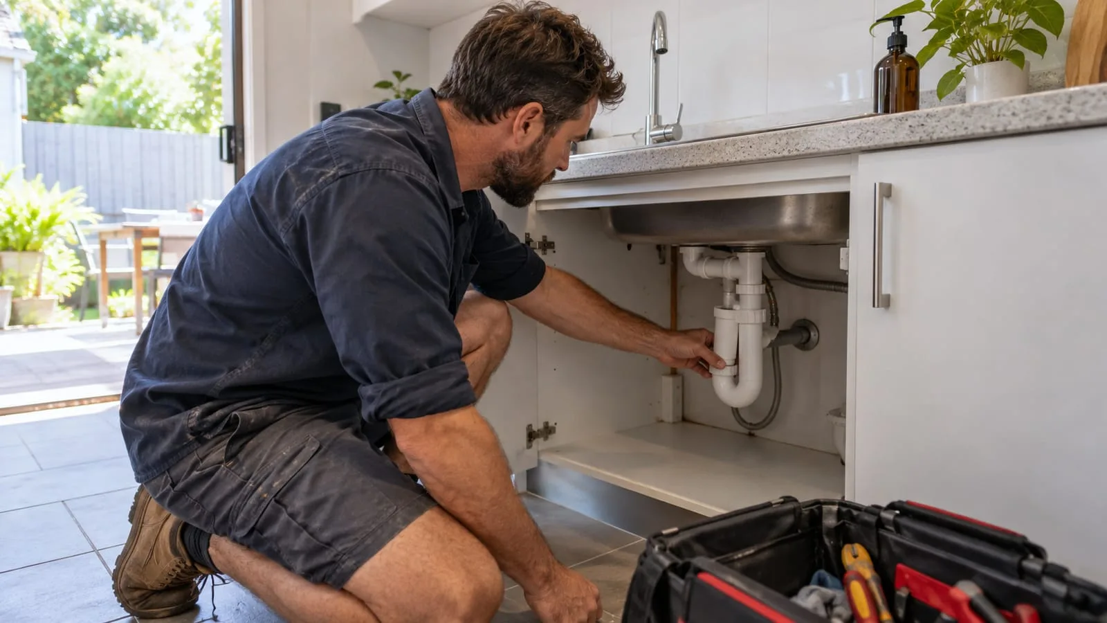 AI-generated illustration: plumber checking an accessible under-sink waste connection